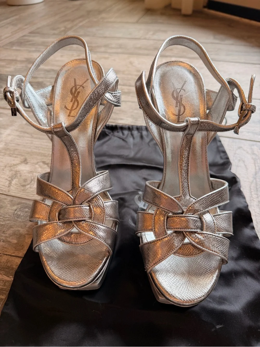 Saint Laurent Metallic Silver T-Strap Woven Heels - Picture 1 of 9
